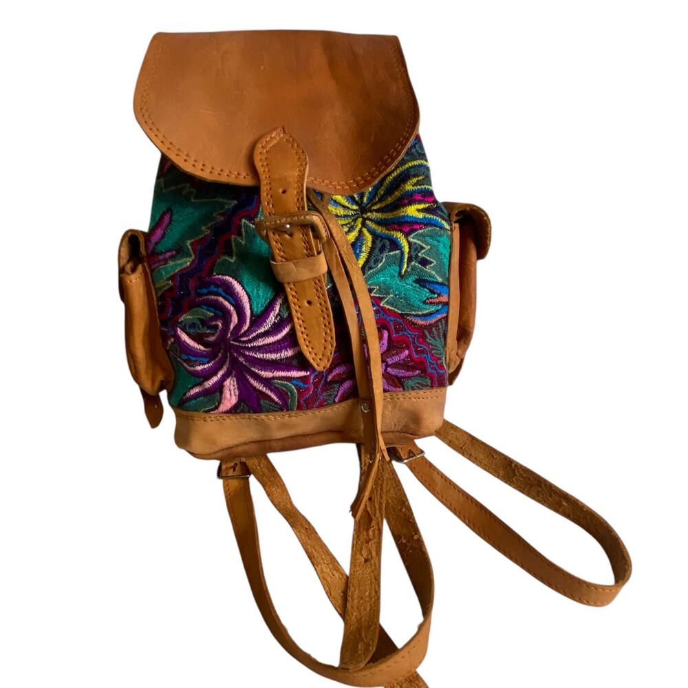Handmade Boho Genuine Leather Mini Backpack w Floral Embroidery Details Festival - Picture 13 of 13